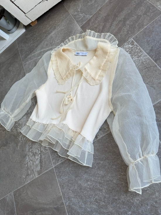 Zara organza knit Sheer Ruffle-Trim Cream Blouse with Tie Neck NWOT Sm - Picture 14 of 16